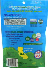 ORGANIC PASTURES: Raw Cheddar Cheese Grass-Grazed Shredded, 8 oz