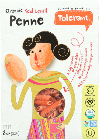 TOLERANT: Organic Red Lentil Pasta Penne, 8 oz