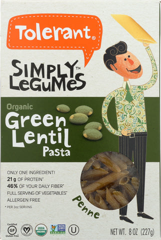 TOLERANT: Pasta Penne Green Lentil Organic, 8 oz