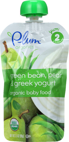 PLUM ORGANICS: Organic Baby Food Stage 2 Green Bean Pear & Greek Yogurt, 3.5 Oz