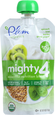 PLUM ORGANICS: Tots Mighty 4 Essential Nutrition Blend Spinach Kiwi Barley Greek Yogurt, 4 oz