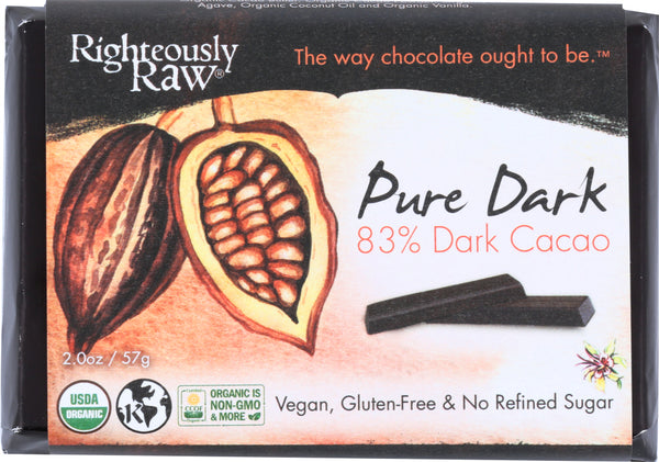 RIGHTEOUSLY RAW: 83% Pure Dark Cacao Bar Organic, 2 oz