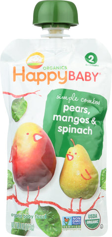 HAPPY BABY: Organic Baby Food Stage 2 Spinach Mangos & Pears 6+ Months, 3.5 oz