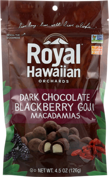 ROYAL HAWAIIAN ORCHARDS: Dark Chocolate Covered Blackberry Goji Macadamia Nuts, 4.5 oz