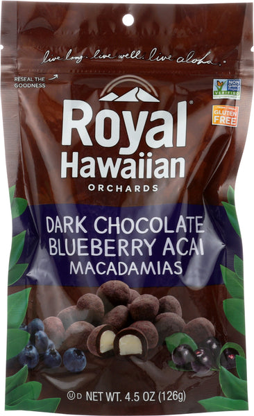 ROYAL HAWAIIAN ORCHARDS: Dark Chocolate Covered Blueberry Acai Macadamia Nuts, 4.5 oz