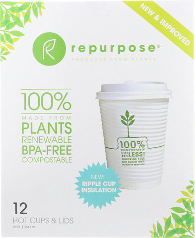 REPURPOSE: Plant Based Insulated Hot Cups and Lids 12 oz, 12 ct