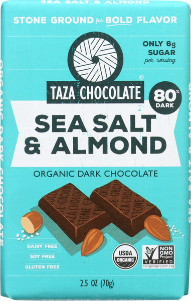 TAZA CHOCOLATE: 80% Sea Salt & Almond Dark Chocolate Bar,  2.5 oz