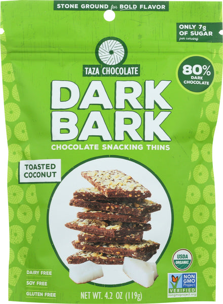 TAZA CHOCOLATE: Toasted Coconut Dark Bark Chocolate Thins, 4.2 oz