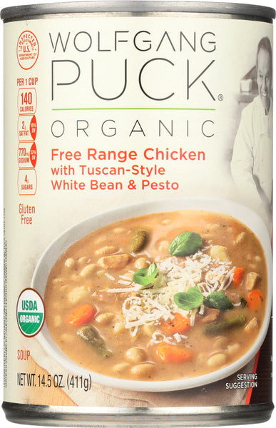 WOLFGANG PUCK: Organic Soup Free Range Chicken with Tuscan Style White Bean & Pesto, 14.5 oz