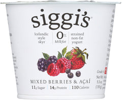 SIGGI'S: Yogurt Strained Non Fat Icelandic Style Skyr Acai & Mixed Berries, 5.3 oz