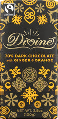 DIVINE: Chocolate 70 % Dark Chocolate With Ginger & Orange, 3.5 oz
