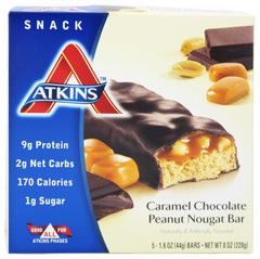 ATKINS: Snack Bar Caramel Chocolate Peanut Nougat (5x1.6oz bars), 8 oz