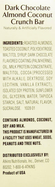 ATKINS: Snack Bar Dark Chocolate Almond Coconut Crunch (5x1.4oz bars), 7 oz