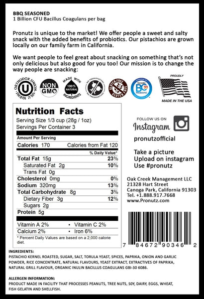 PRONUTZ: BBQ Seasoned Pistachios With Added Probiotics, 3 oz