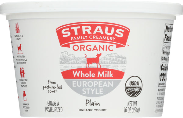 STRAUS: Organic Whole Milk Plain European Style Yogurt, 16 oz