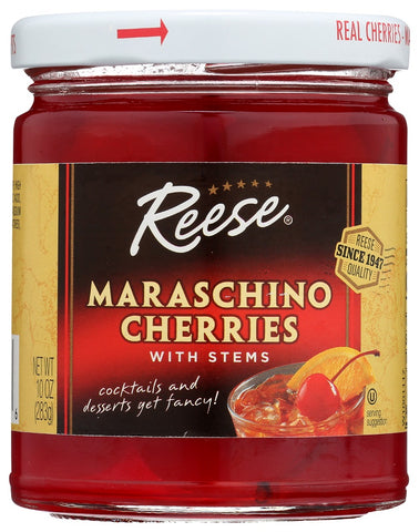 REESE: Red Maraschino Cherries with Stems, 10 oz