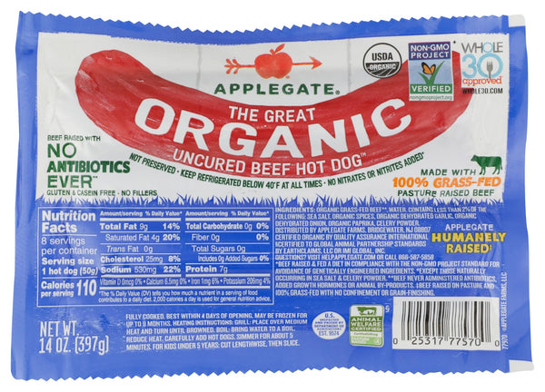 APPLEGATE: The Great Organic Uncured Beef Hot Dog, 14 oz