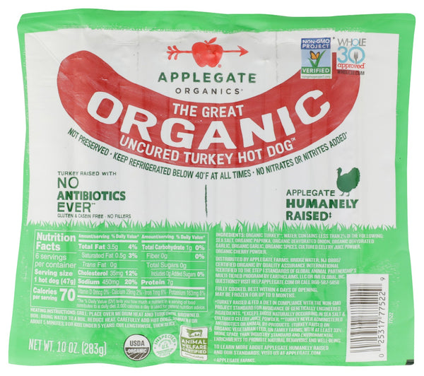 APPLEGATE: The Great Organic Uncured Turkey Hot Dog, 10 oz